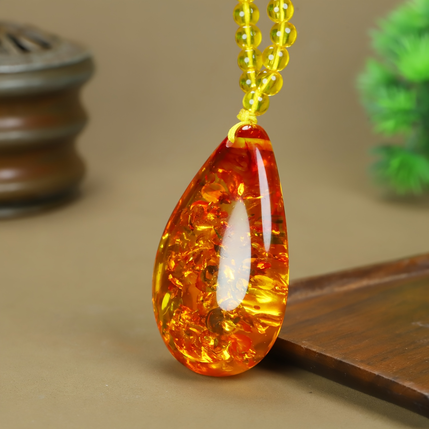 Unisex Yellow Amber Flower Drop Pendant Necklace, Elegant